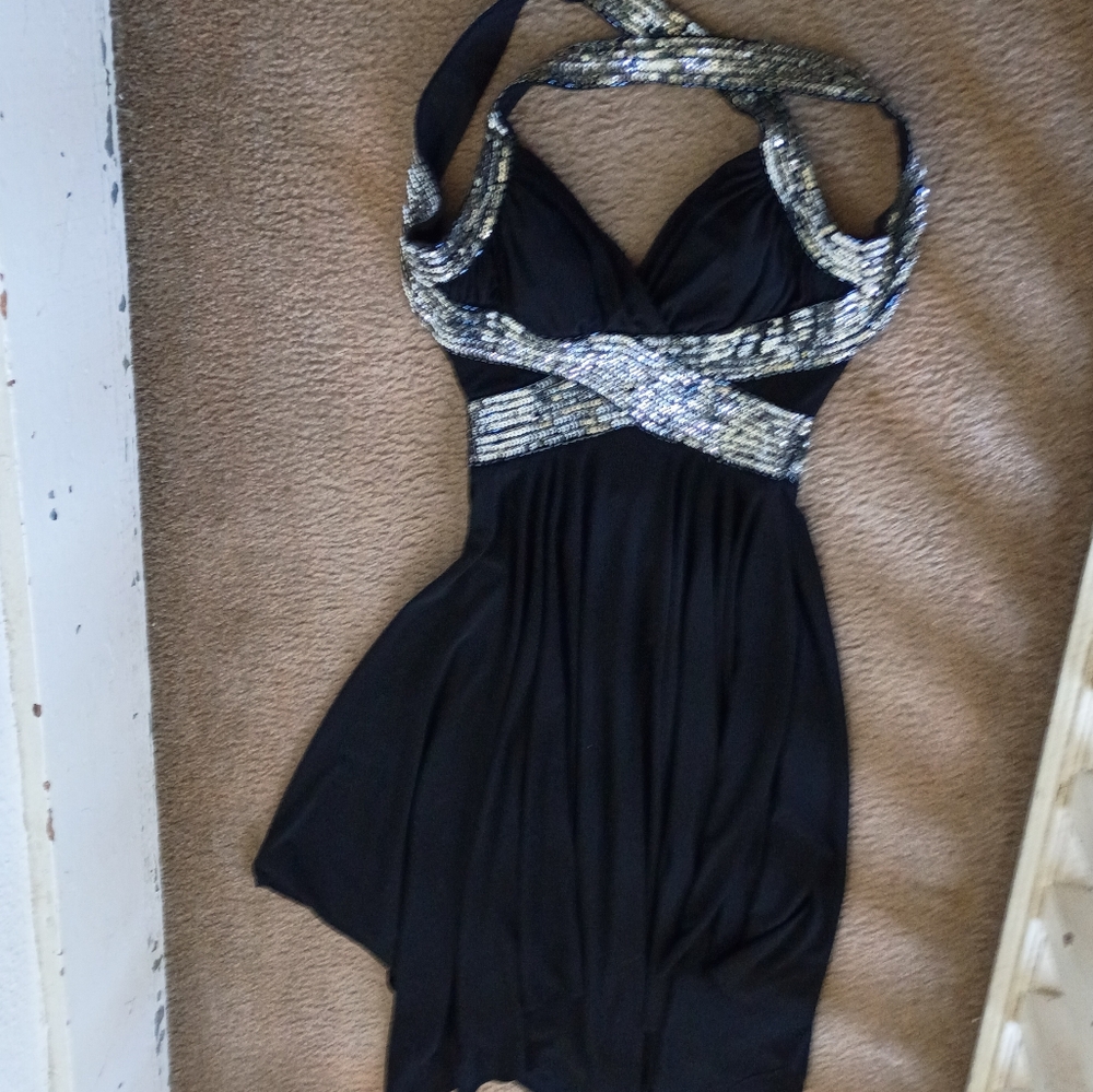 Vintage Y2K High Low Formal Dress Gown Halter Top Sequin Elegant Romantic 8